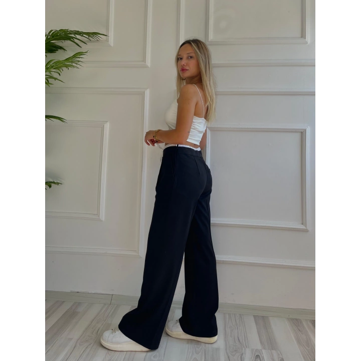 Kadın Poplin Detaylı Palazzo Pantolon Siyah