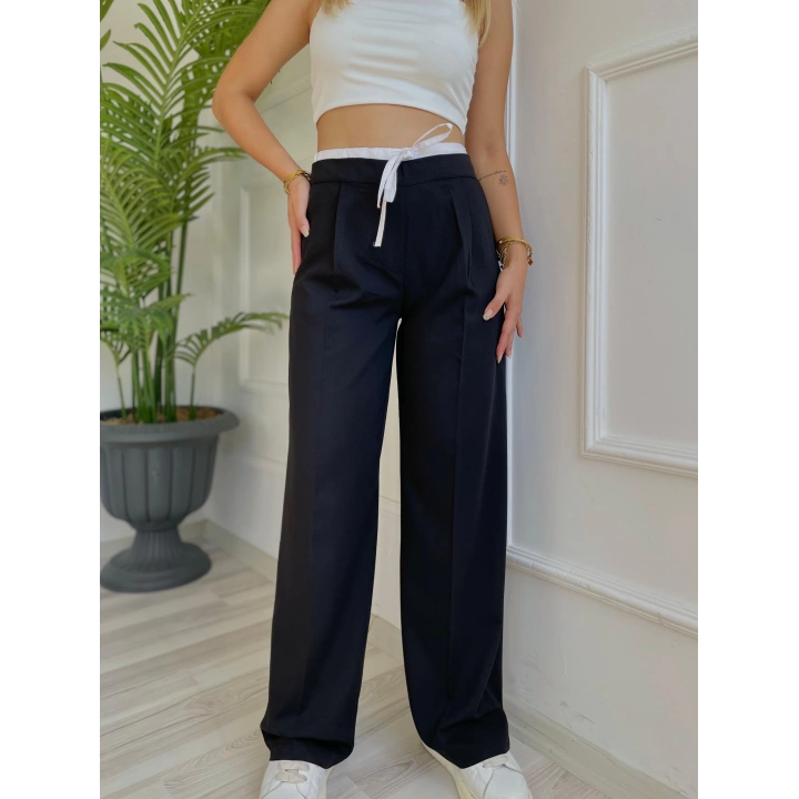 Kadın Poplin Detaylı Palazzo Pantolon Siyah