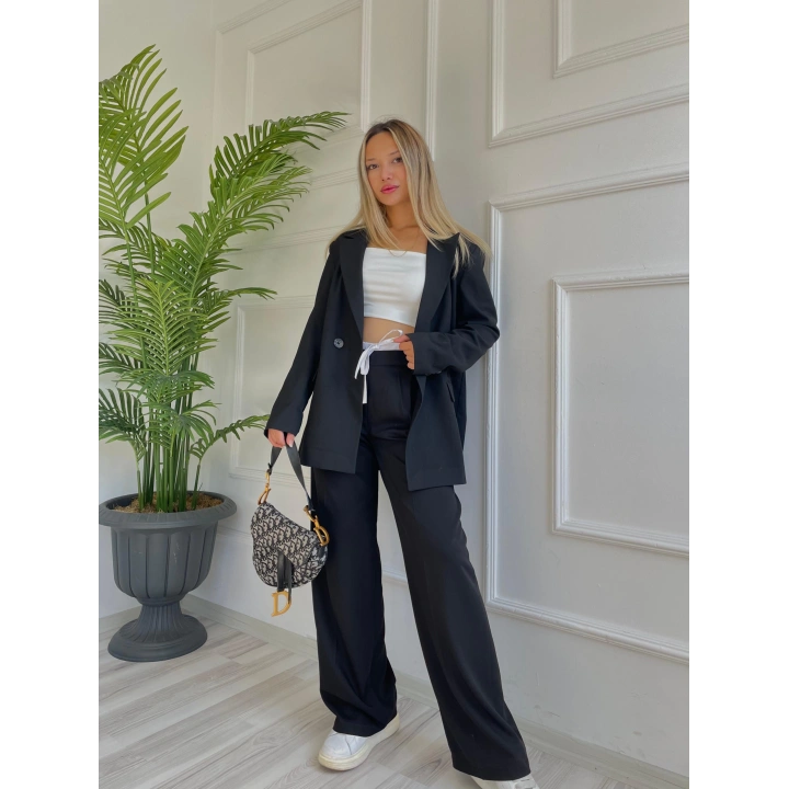 Kadın Poplin Detaylı Palazzo Pantolon Siyah