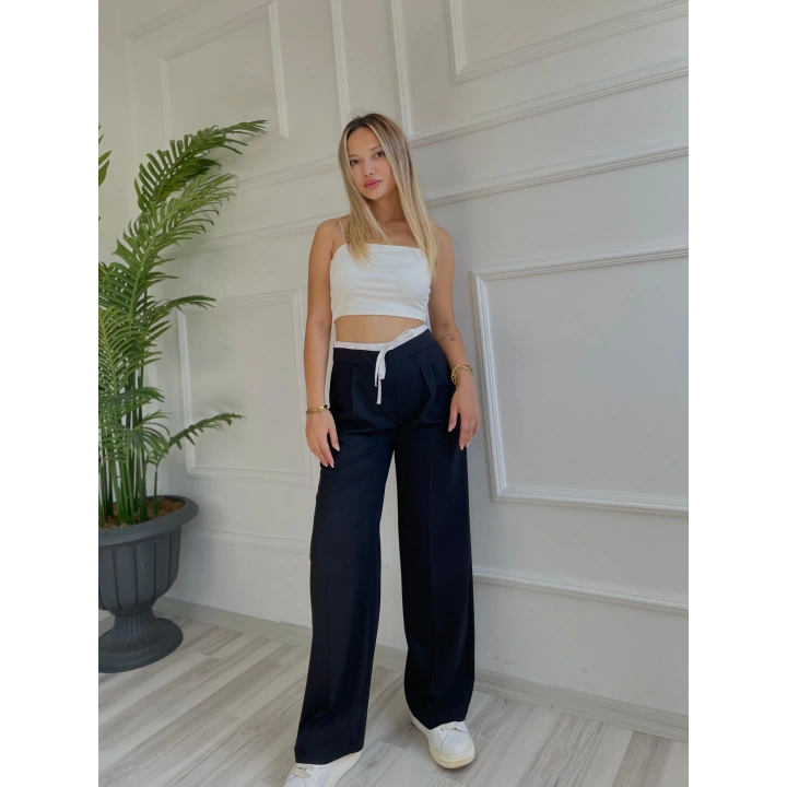 Kadın Poplin Detaylı Palazzo Pantolon Siyah