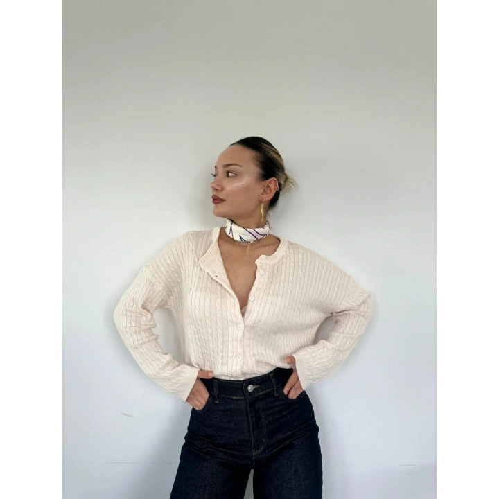 Kadın Saç Örgülü Hırka Krem