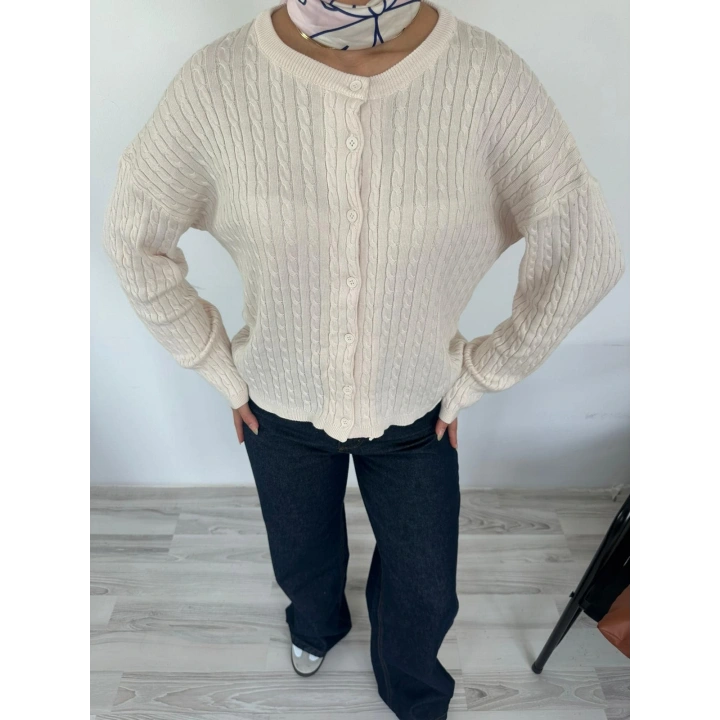 Kadın Saç Örgülü Hırka Krem