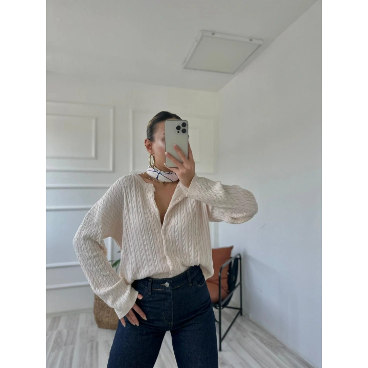 Kadın Saç Örgülü Hırka Krem