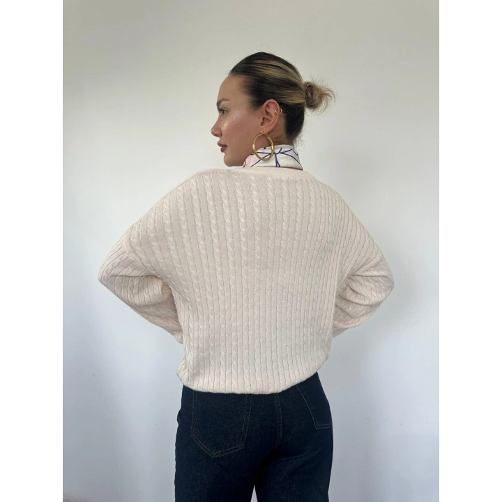 Kadın Saç Örgülü Hırka Krem