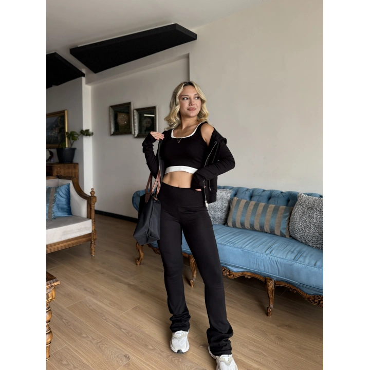Kadın Siyah Kapüşonlu Sweat Crop Tayt Takım
