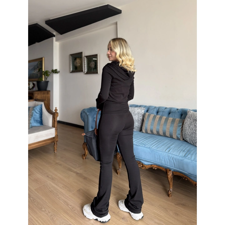 Kadın Siyah Kapüşonlu Sweat Crop Tayt Takım