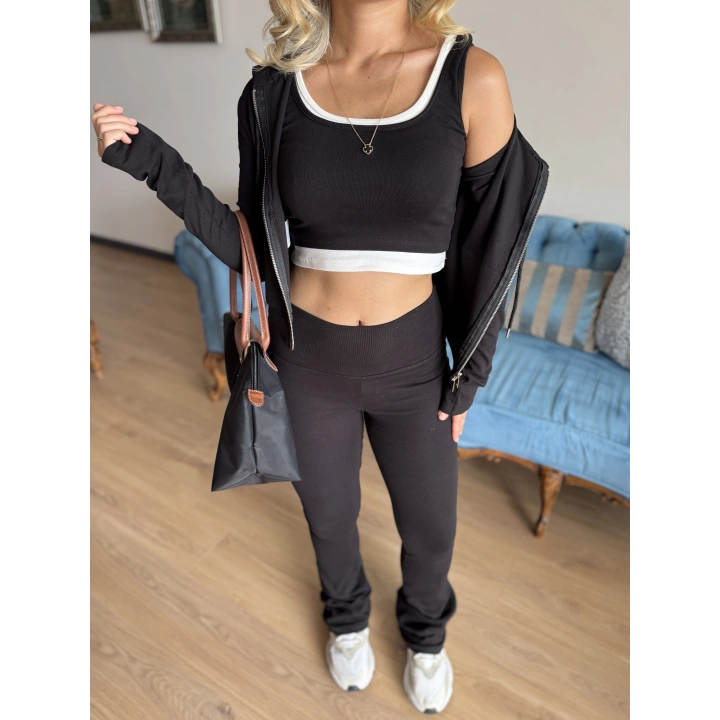 Kadın Siyah Kapüşonlu Sweat Crop Tayt Takım