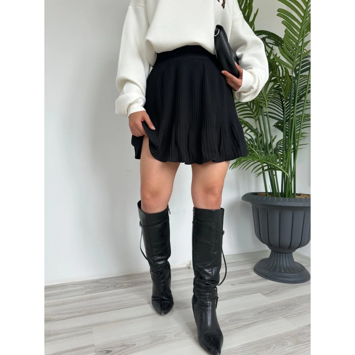 Kadın Şortlu Pileli Mini Etek Siyah