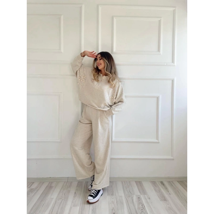 Kadın Taşlı Sweat Pantolon Takım Açık Vizon