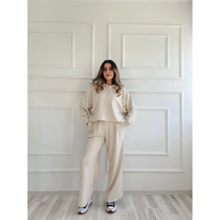 Kadın Taşlı Sweat Pantolon Takım Açık Vizon