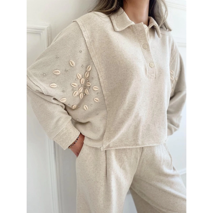 Kadın Taşlı Sweat Pantolon Takım Açık Vizon