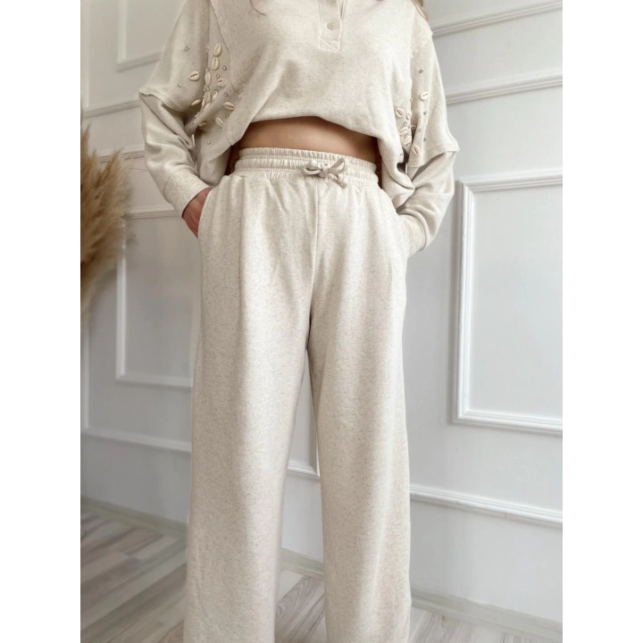 Kadın Taşlı Sweat Pantolon Takım Açık Vizon