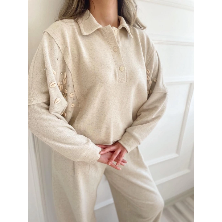Kadın Taşlı Sweat Pantolon Takım Açık Vizon