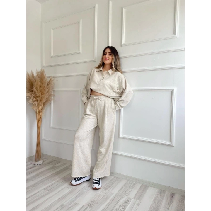 Kadın Taşlı Sweat Pantolon Takım Açık Vizon