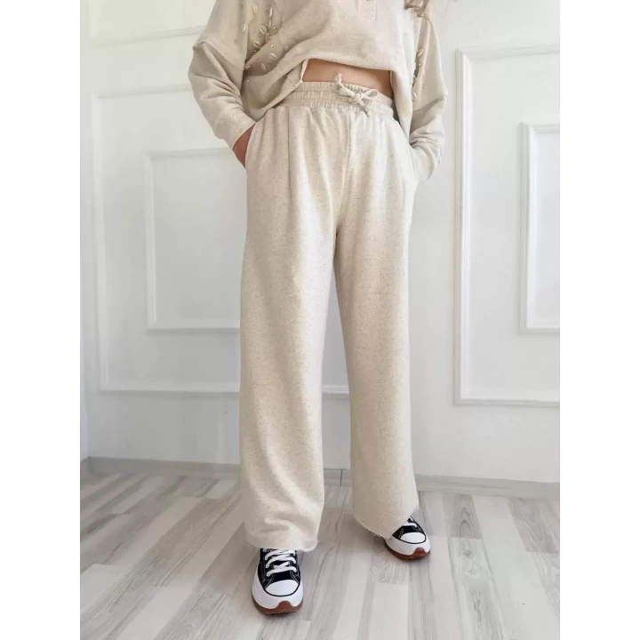 Kadın Taşlı Sweat Pantolon Takım Açık Vizon