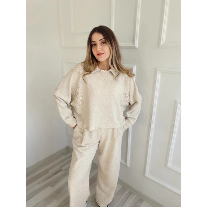 Kadın Taşlı Sweat Pantolon Takım Açık Vizon