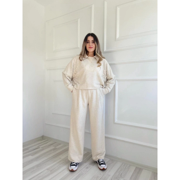 Kadın Taşlı Sweat Pantolon Takım Açık Vizon