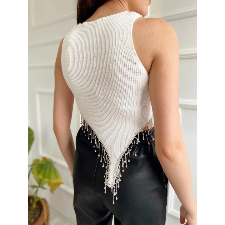 Kadın Taşlı Zincir Detaylı Triko Crop Ekru