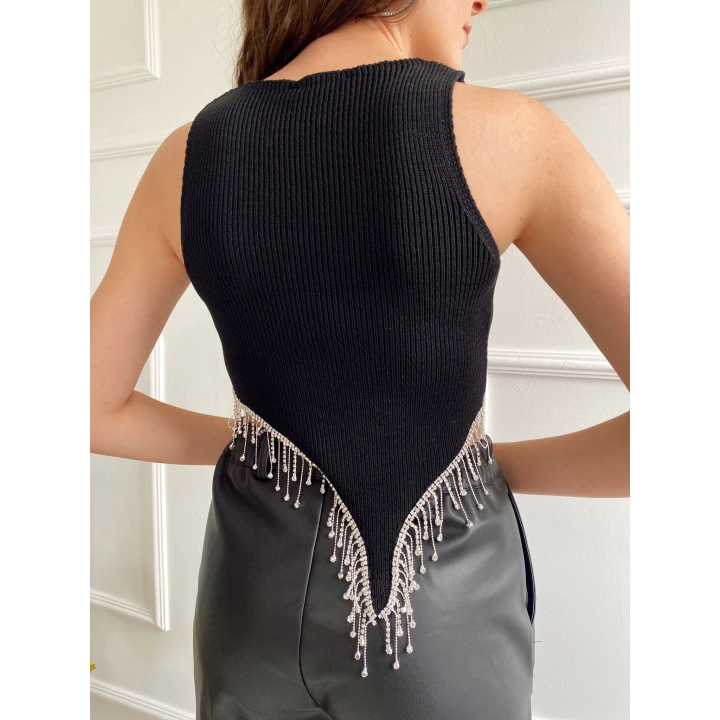 Kadın Taşlı Zincir Detaylı Triko Crop Siyah