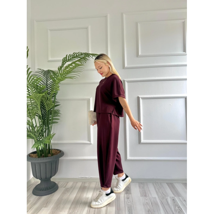 Kadın Tshirt Pantolon Takım Bordo