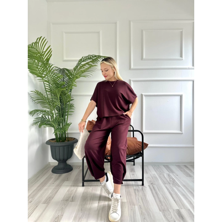 Kadın Tshirt Pantolon Takım Bordo
