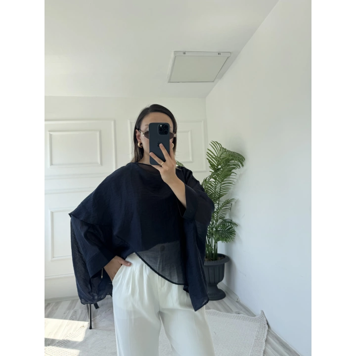Kadın Uçuşan Pelerin Bluz Koyu Lacivert