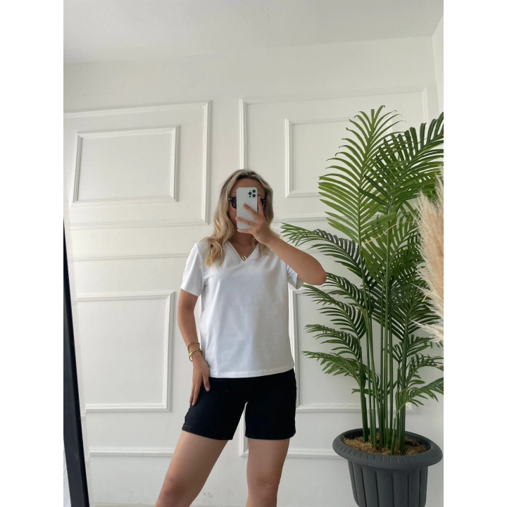 Kadın V Yaka Basic Tshirt Beyaz