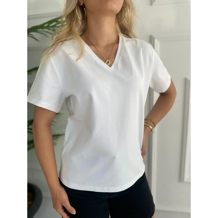 Kadın V Yaka Basic Tshirt Beyaz