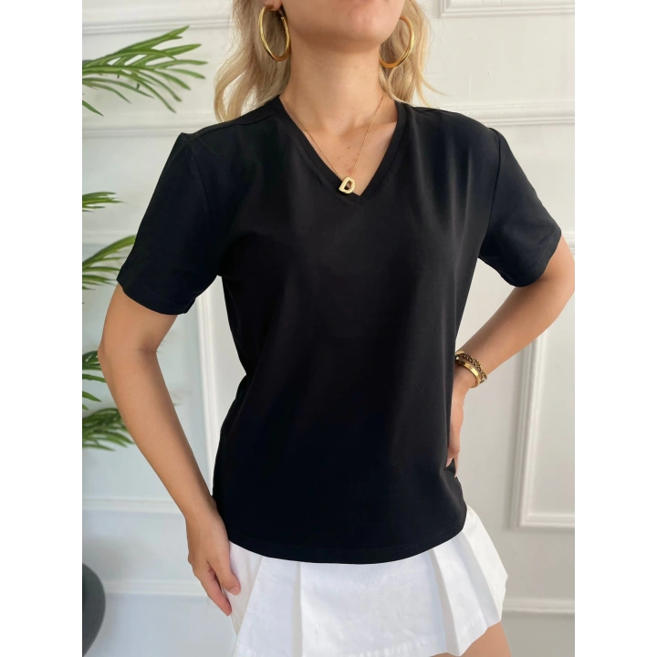 Kadın V Yaka Basic Tshirt Siyah