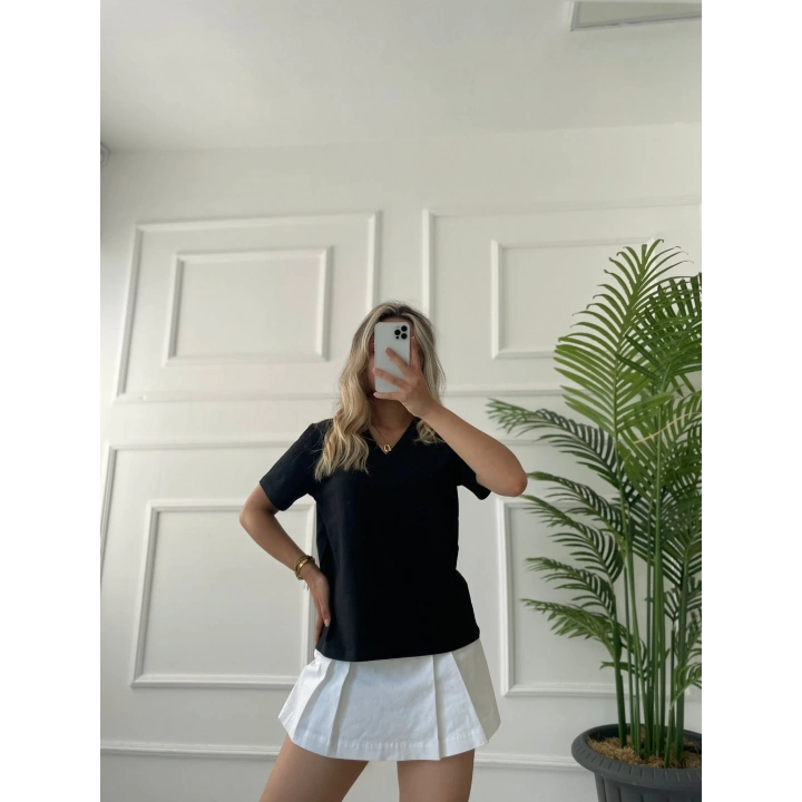Kadın V Yaka Basic Tshirt Siyah
