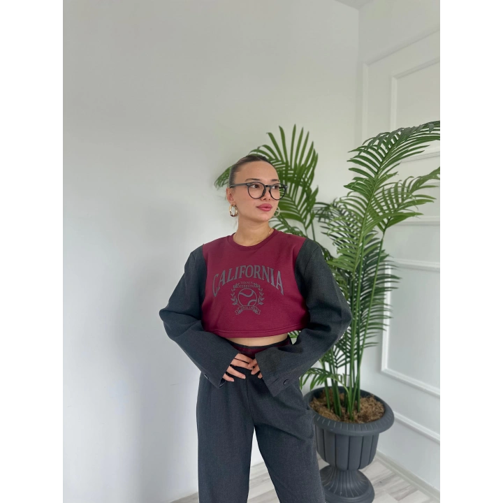 Kadın Vatkalı Crop Sweatshirt Bordo