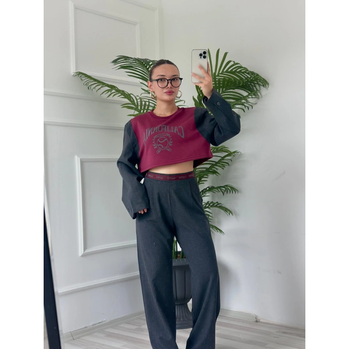 Kadın Vatkalı Crop Sweatshirt Bordo