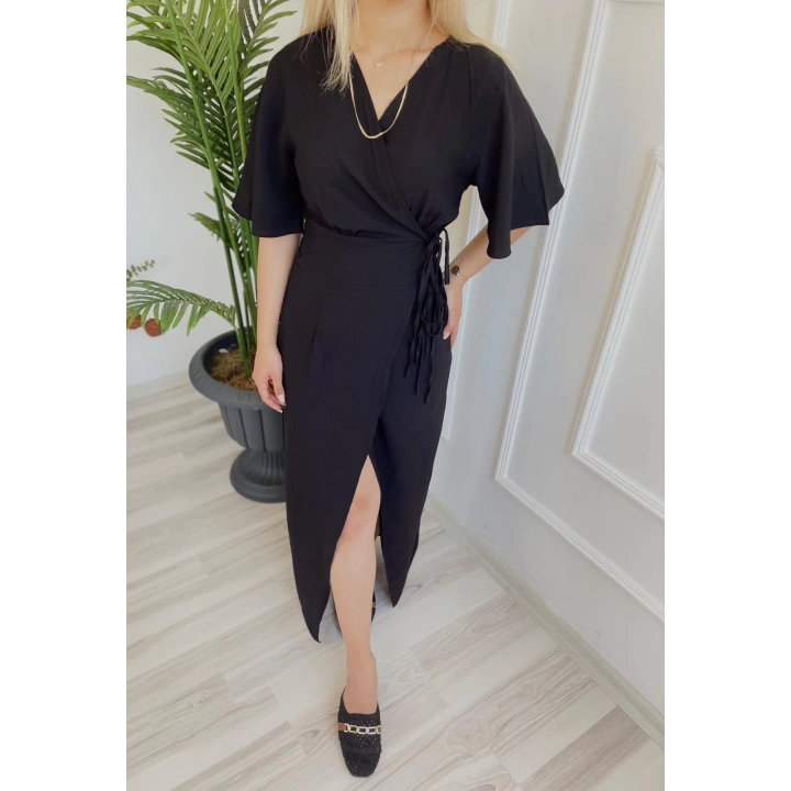Kadın Yarım Kol Yandan Bağlamalı Jahzeel Elbise Siyah
