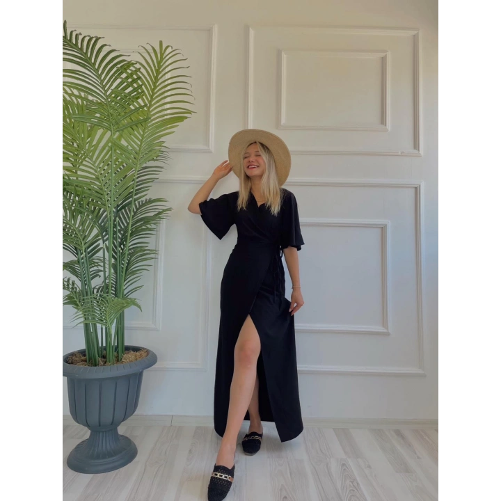 Kadın Yarım Kol Yandan Bağlamalı Jahzeel Elbise Siyah