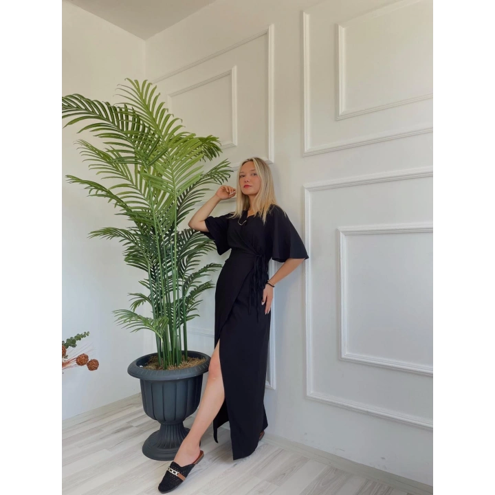 Kadın Yarım Kol Yandan Bağlamalı Jahzeel Elbise Siyah