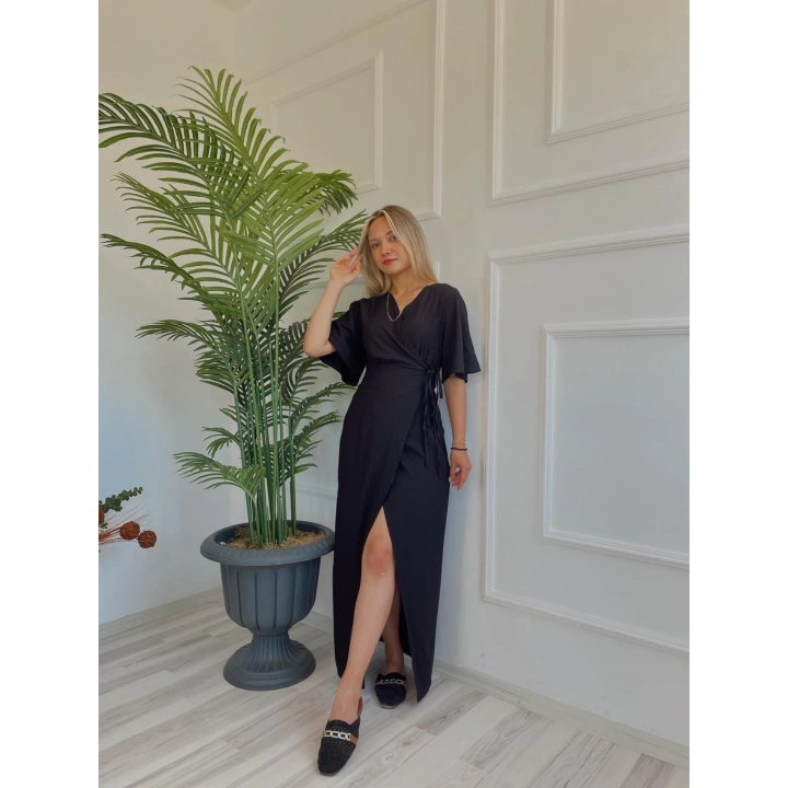 Kadın Yarım Kol Yandan Bağlamalı Jahzeel Elbise Siyah