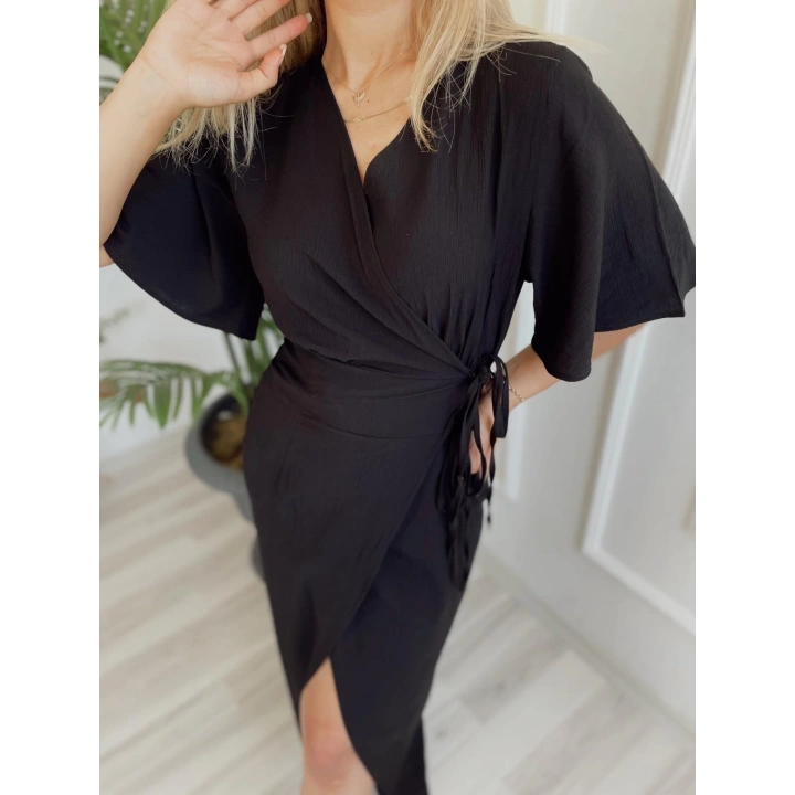 Kadın Yarım Kol Yandan Bağlamalı Jahzeel Elbise Siyah