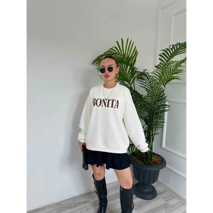 Kadın Yazı Baskılı Sweatshirt Ekru