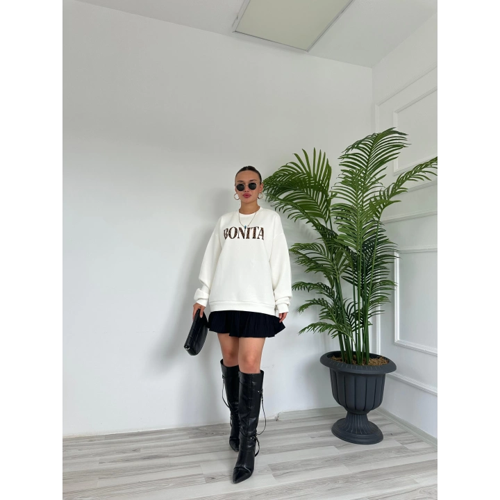 Kadın Yazı Baskılı Sweatshirt Ekru