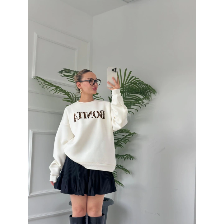 Kadın Yazı Baskılı Sweatshirt Ekru