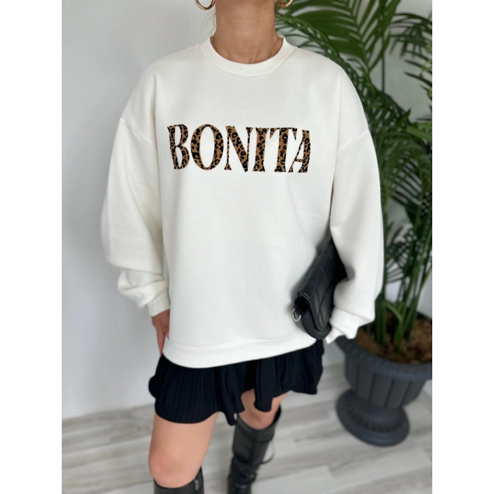 Kadın Yazı Baskılı Sweatshirt Ekru