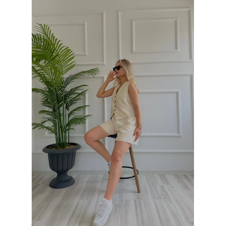 Kadın Yelek Şort İkili Takım Bej