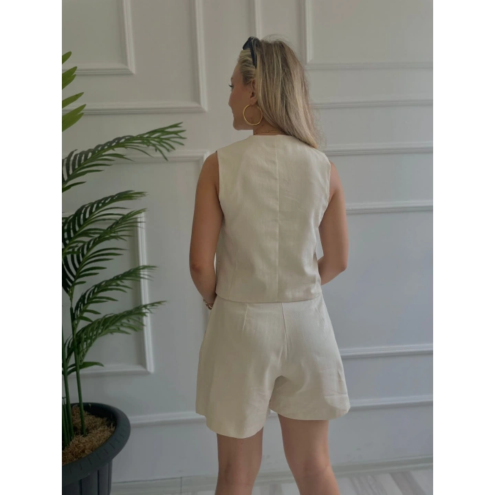 Kadın Yelek Şort İkili Takım Bej