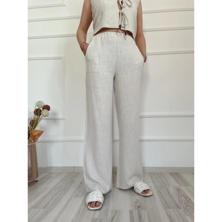 Kadın Yelek Ve Pantolon İkili Takım Taş Rengi