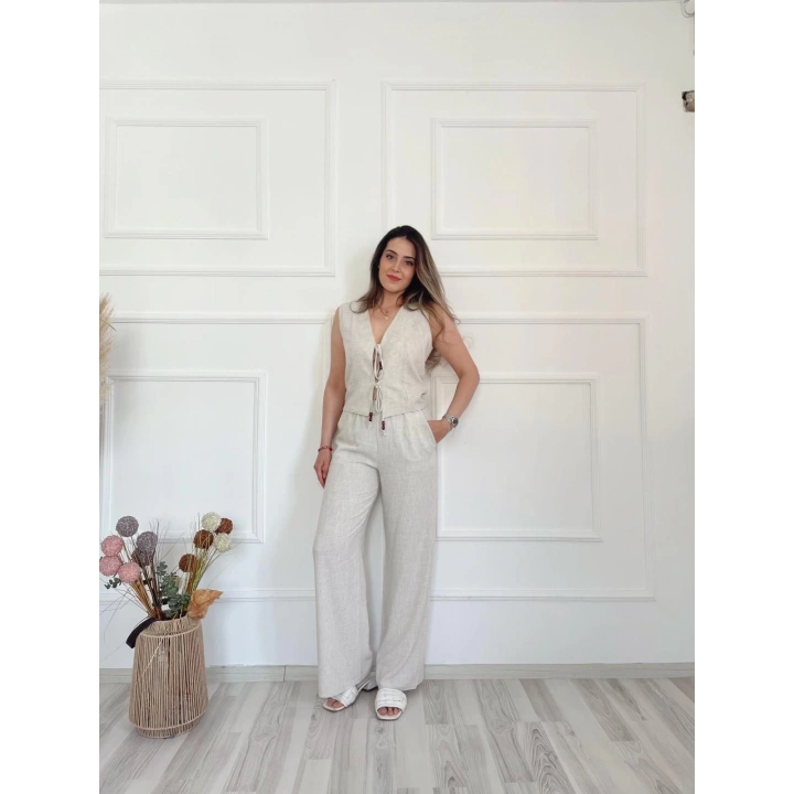 Kadın Yelek Ve Pantolon İkili Takım Taş Rengi