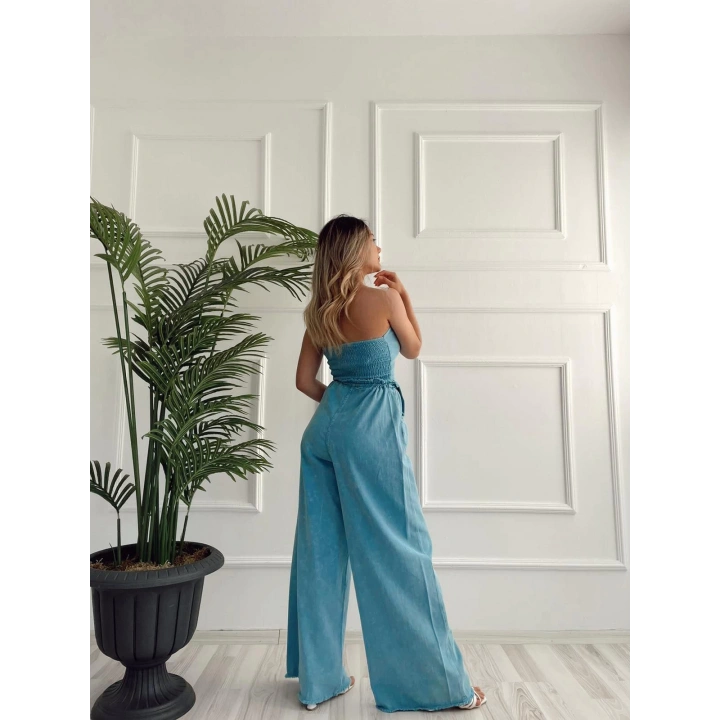 Kadın Yıkamalı Gabardin Kumaş Straplez Bustiyer Ve Pantolon İkili Takım