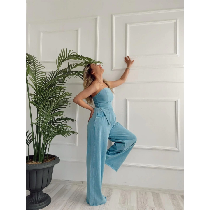 Kadın Yıkamalı Gabardin Kumaş Straplez Bustiyer Ve Pantolon İkili Takım