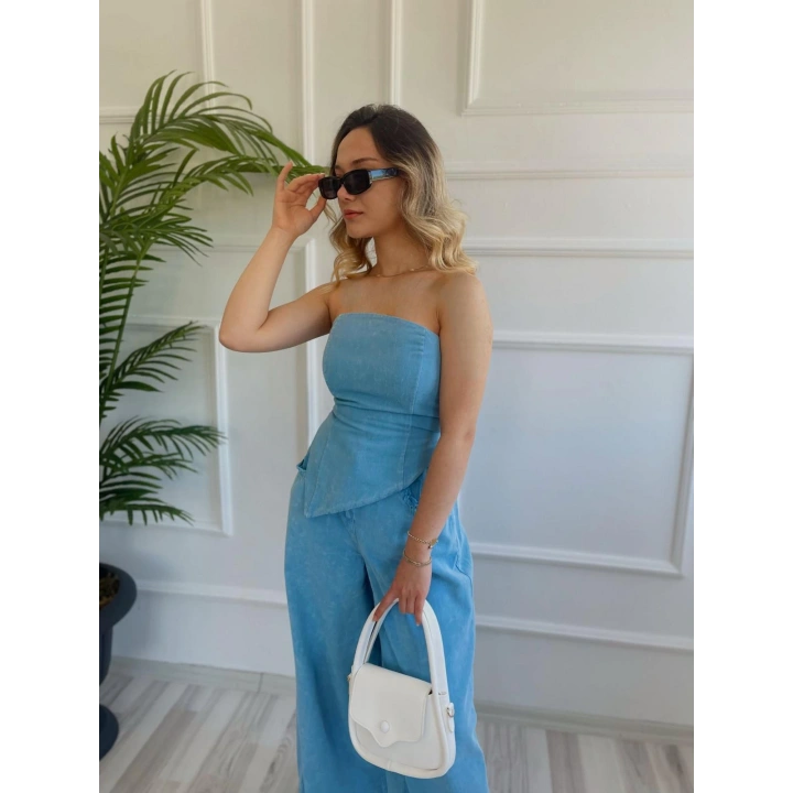 Kadın Yıkamalı Gabardin Kumaş Straplez Bustiyer Ve Pantolon İkili Takım