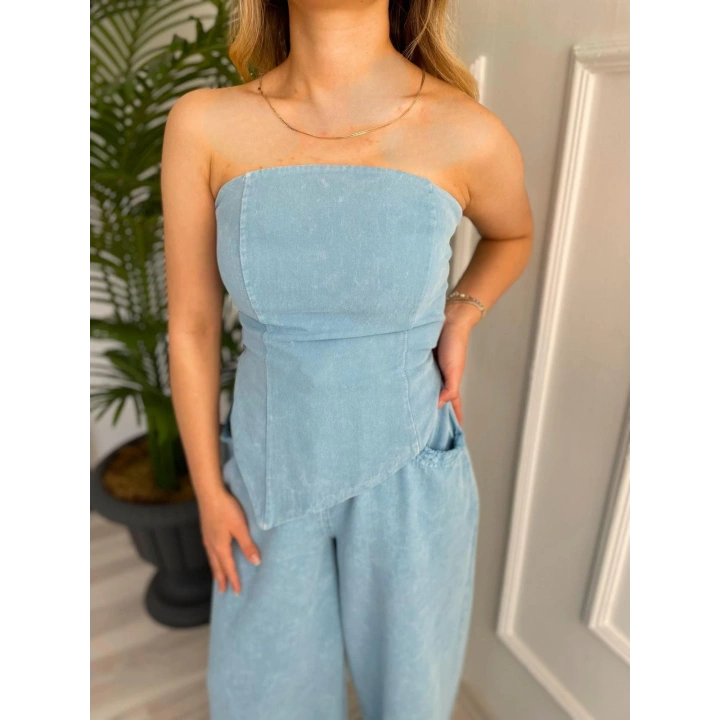 Kadın Yıkamalı Gabardin Kumaş Straplez Bustiyer Ve Pantolon İkili Takım