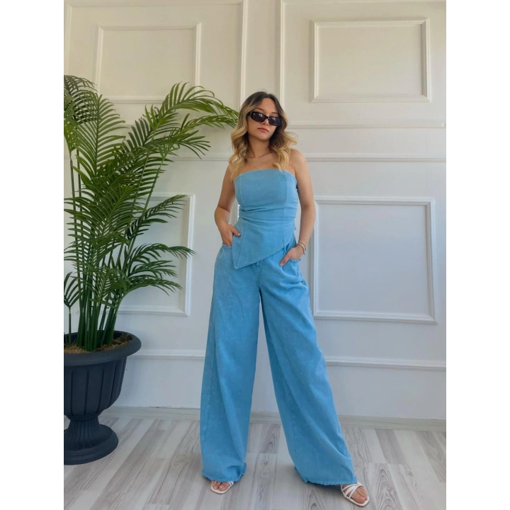 Kadın Yıkamalı Gabardin Kumaş Straplez Bustiyer Ve Pantolon İkili Takım